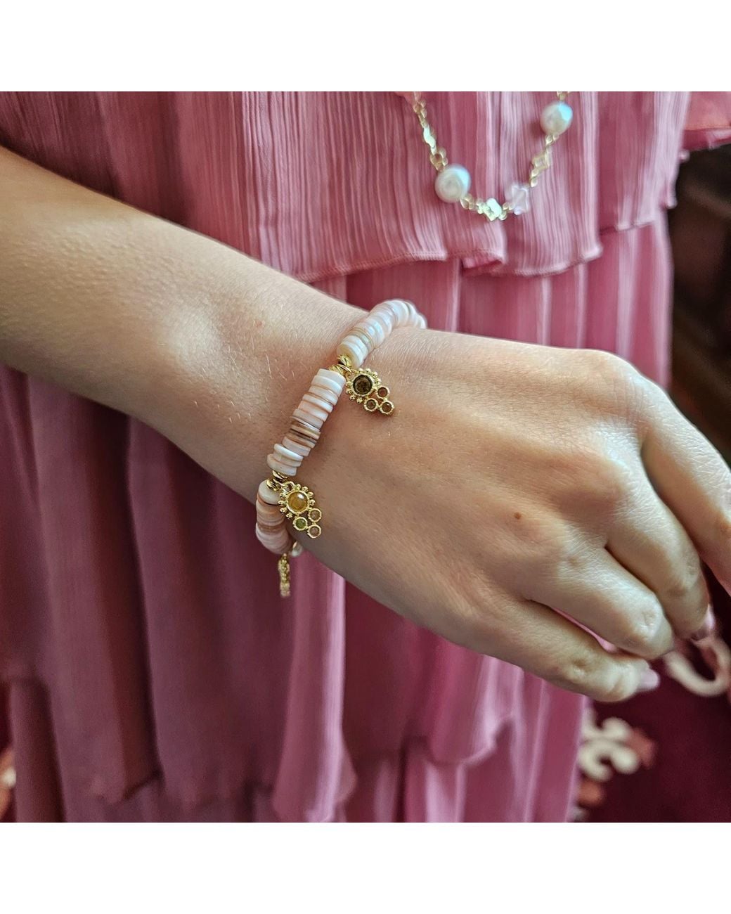 Farra Pink Bohemian Shell With Gemstone Charms Bracelet
