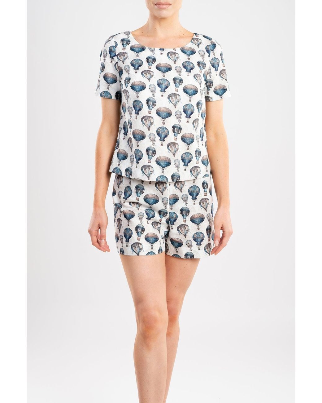 Ginta White Hot Air Balloon-Print Cotton Top & Shorts Set