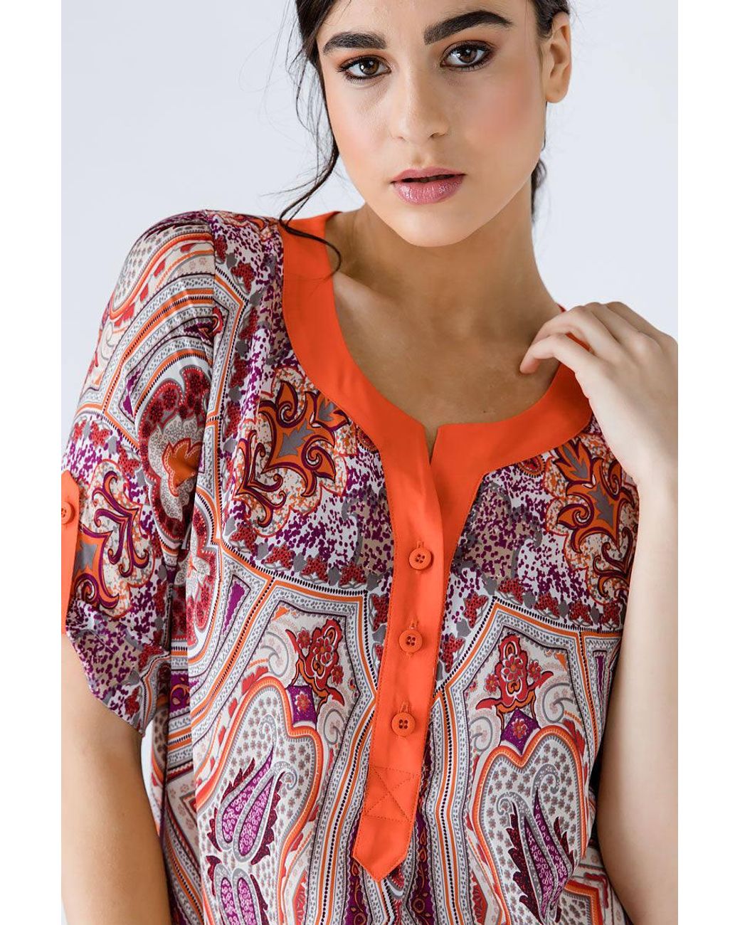 Conquista Red Print Poplin Top With Trim