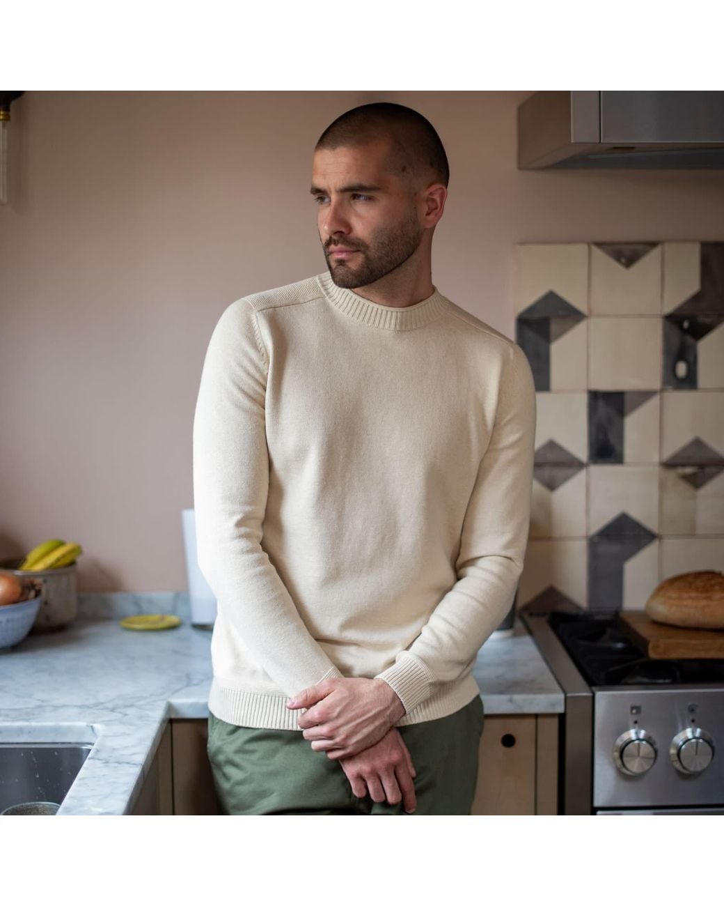 Paul James Knitwear Natural Neutrals Lightweight Cotton Linen Slaithes Saddle Shoulder Jumper for men