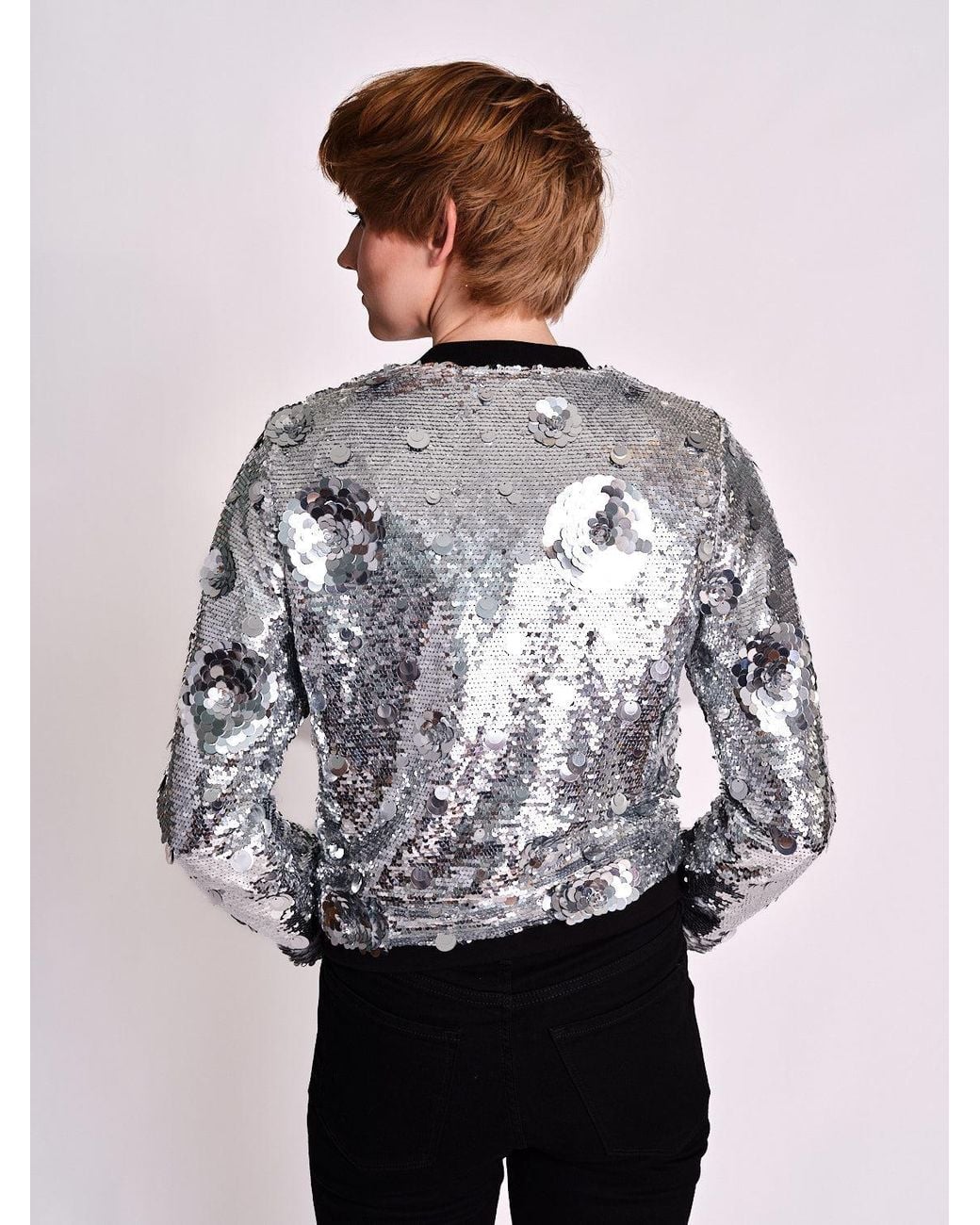 Any Old Iron Gray Petal To The Metal Sequin Bomber Jacket