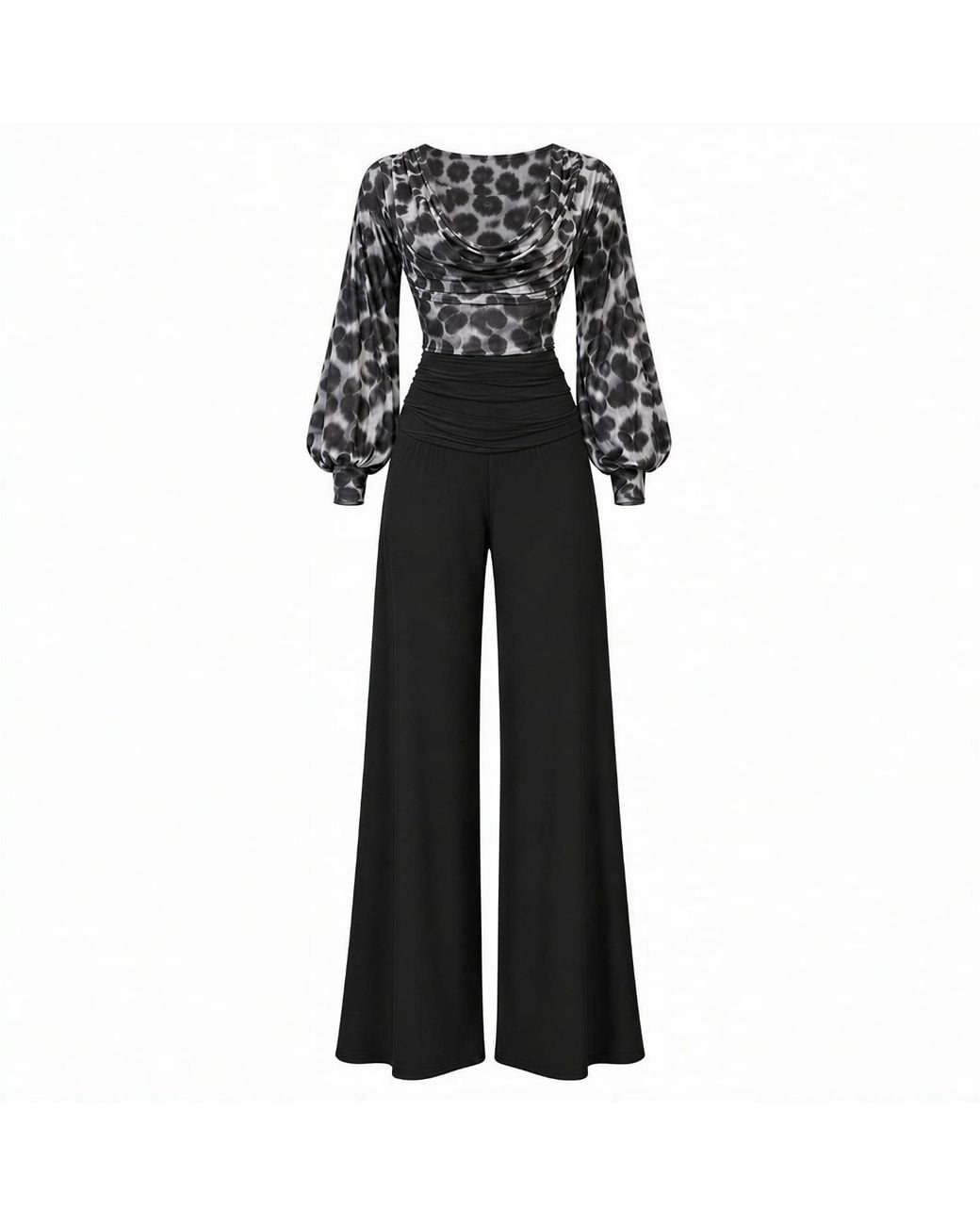 Atom Label Black Indium Cowl Neck Bell Sleeve Jumpsuit
