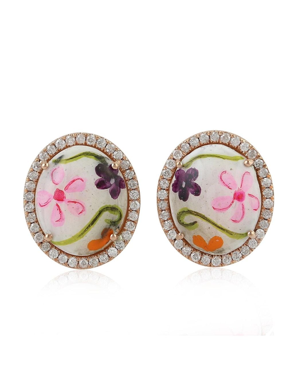 Artisan Pink Rose Mother Of Pearl, Enamel & Diamond Flower Earrings