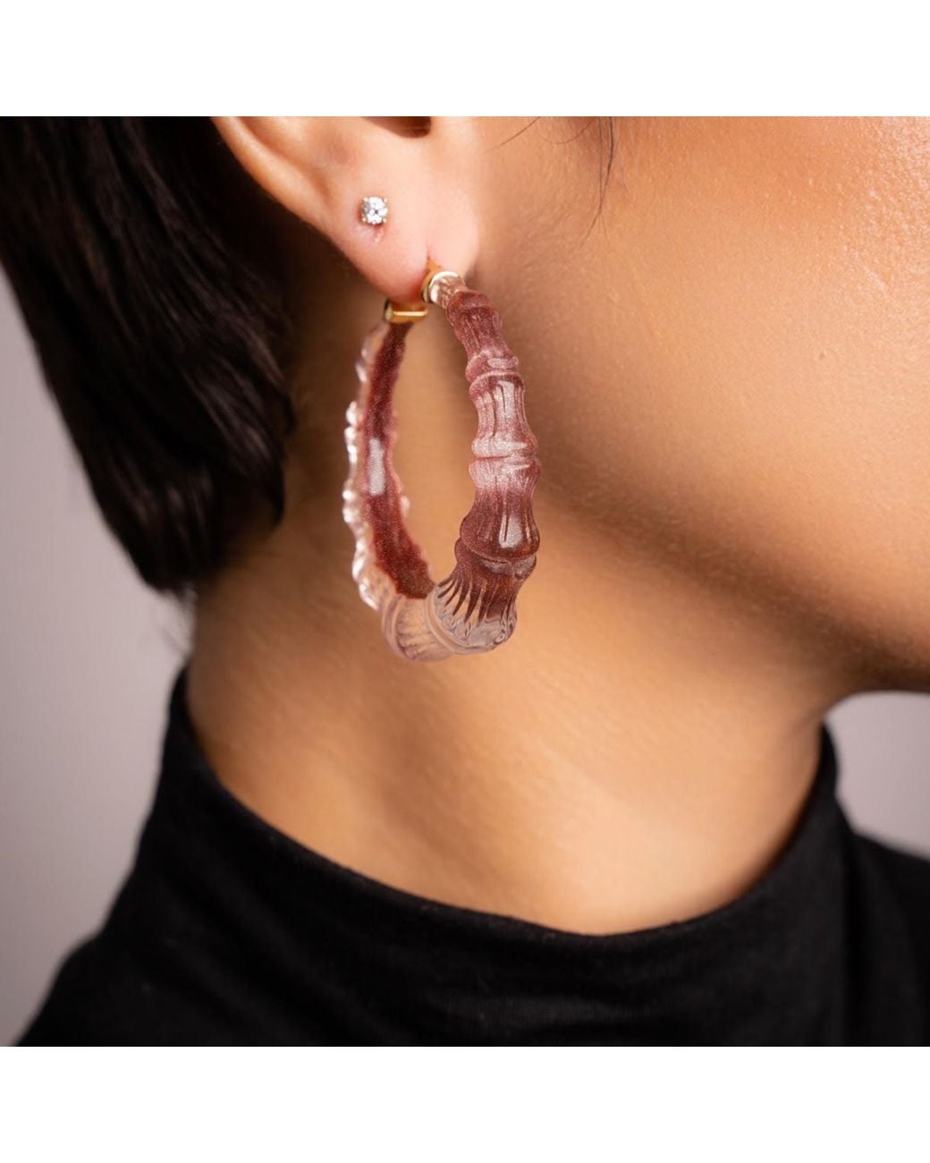 Gold & Honey Red Bamboo Illusion Hoop Earrings