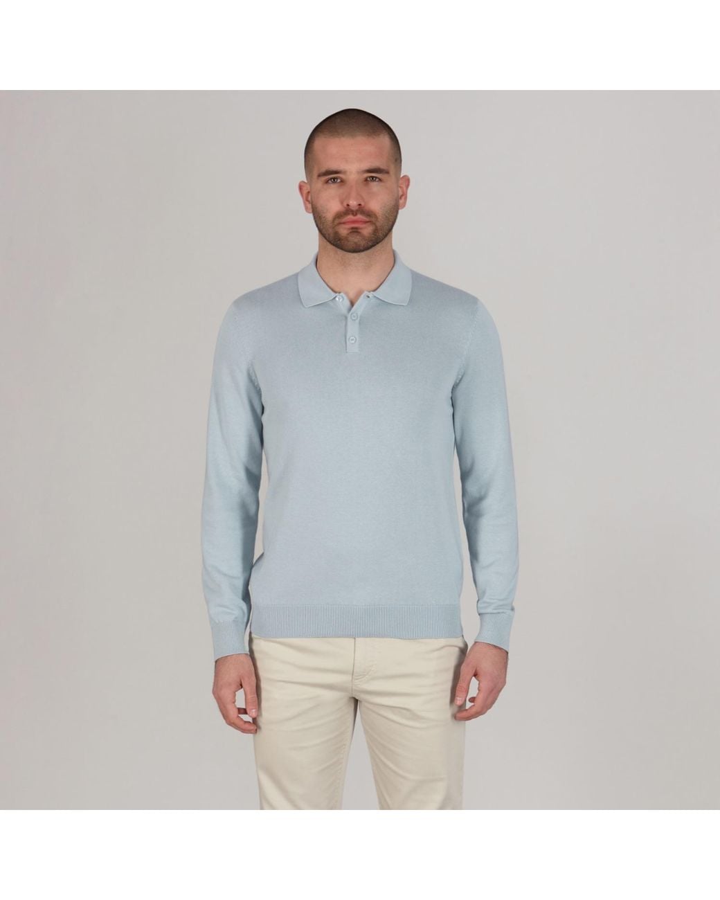 Paul James Knitwear Blue Cotton Hall Long Sleeve Knitted Polo Shirt for men