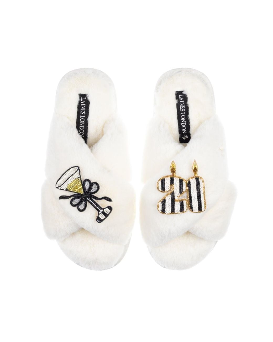 Laines London White Classic Laines Slippers With Stripe 21St Birthday & Glass Of Champagne Brooches