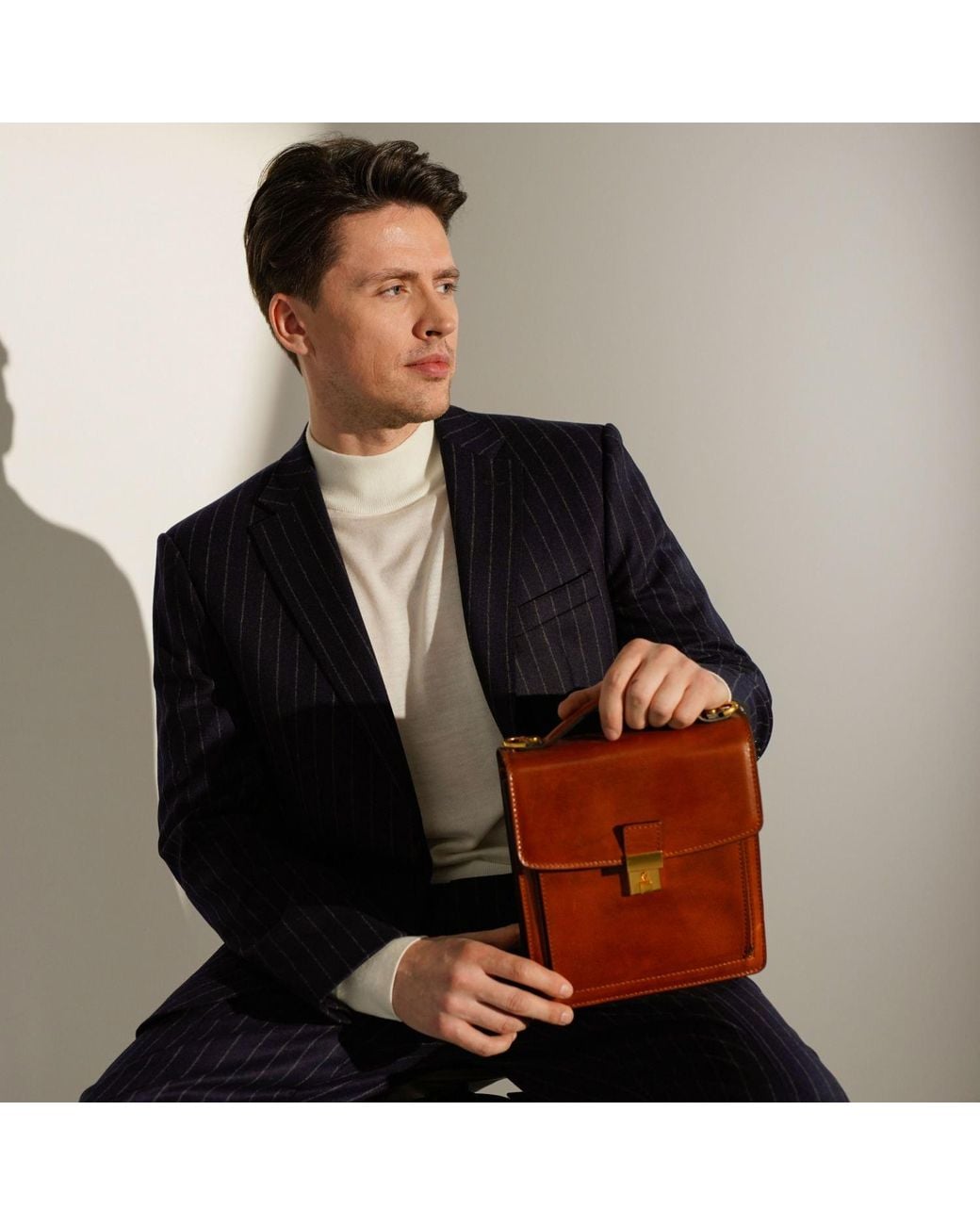 Time Resistance Brown Small Cognac Leather Briefcase for men