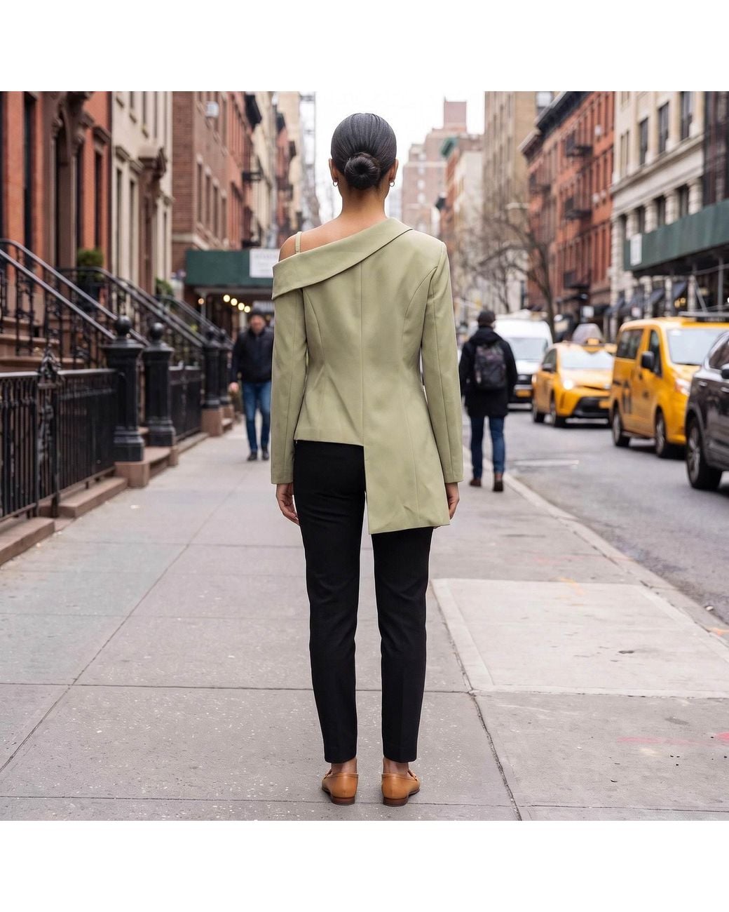 Modenaire Green Neutrals Asymmetric One Shoulder Tailored Blazer Jacket
