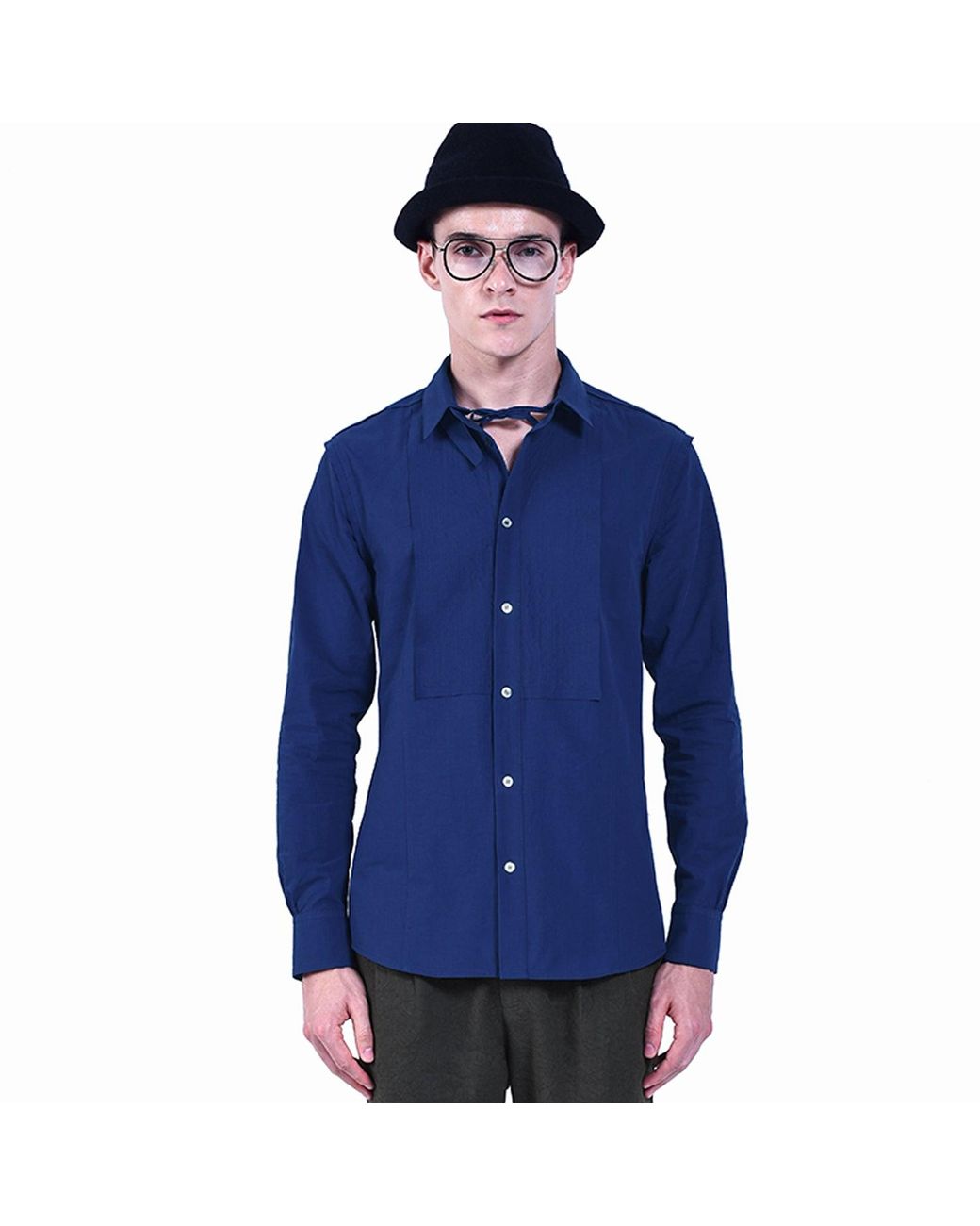 Smart and Joy Blue Shirt With Topstitched Bib And Removable Collar for men