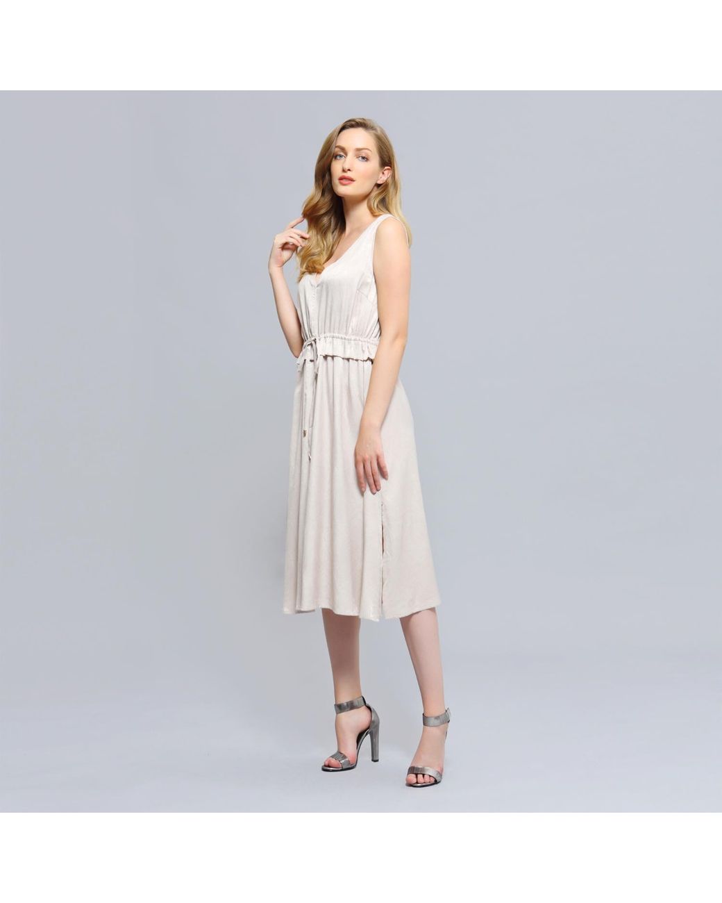 Smart and Joy Natural V-Neckline Adjustable Waist Midi Dress