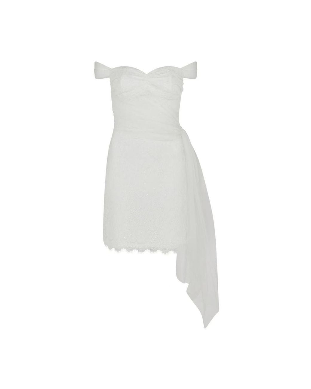 Sour Figs White Sequinned Lace Off-Shoulder Draped Mini Dress