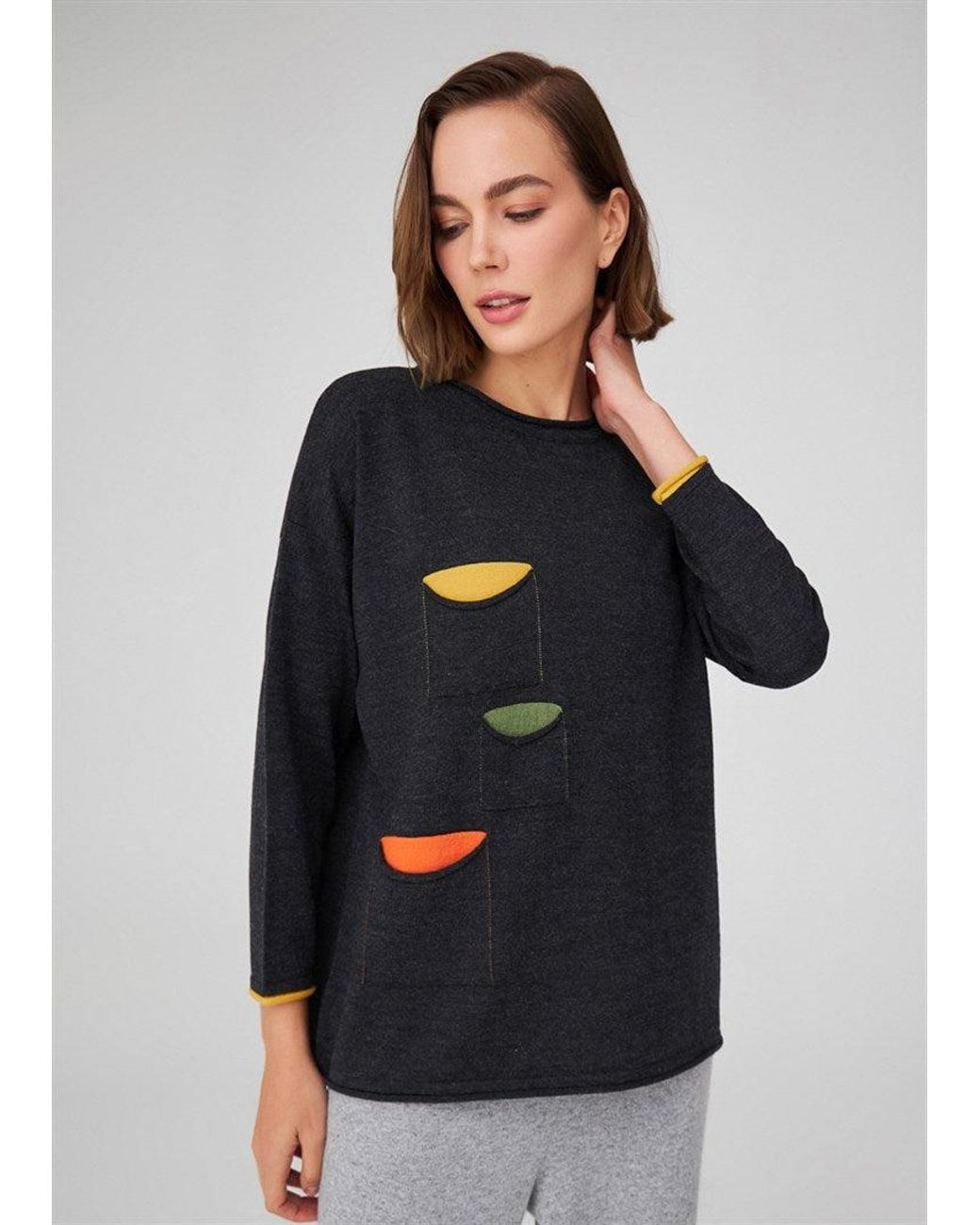 Peraluna Blue O-Neck 3/4 Sleeve Tri-Pocket Knitwear Pullover