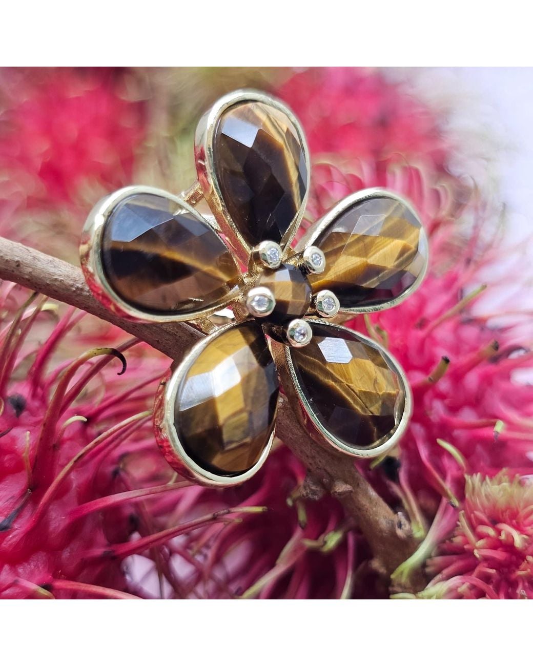 Farra Brown Flower Shaped Tiger-Eye Stone Cocktail Ring