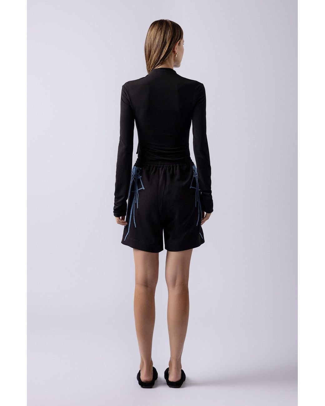 Lendrop Studios Black Leiko Crepe Long Embroidered Shorts