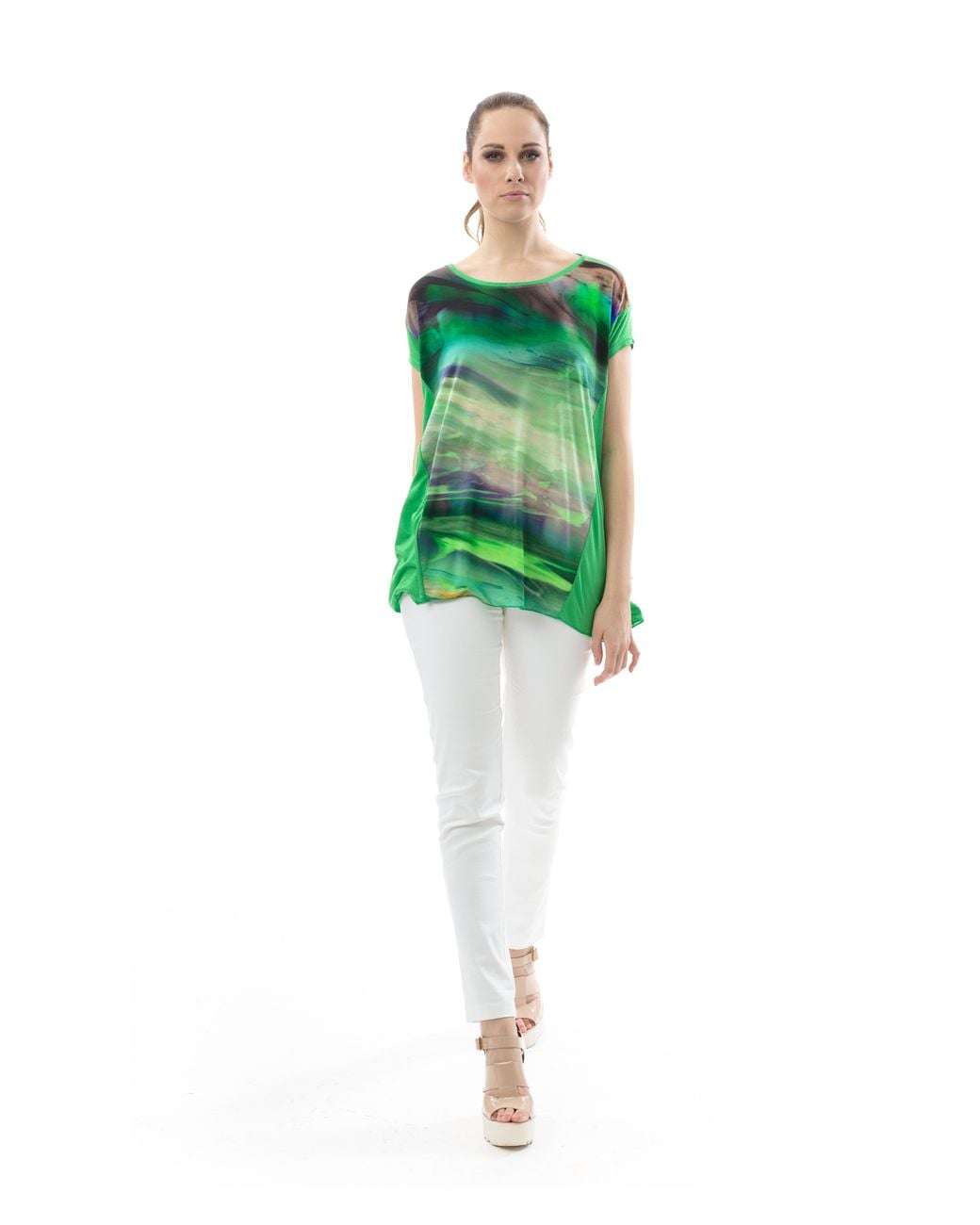 Conquista Green Print Detail A Line Top