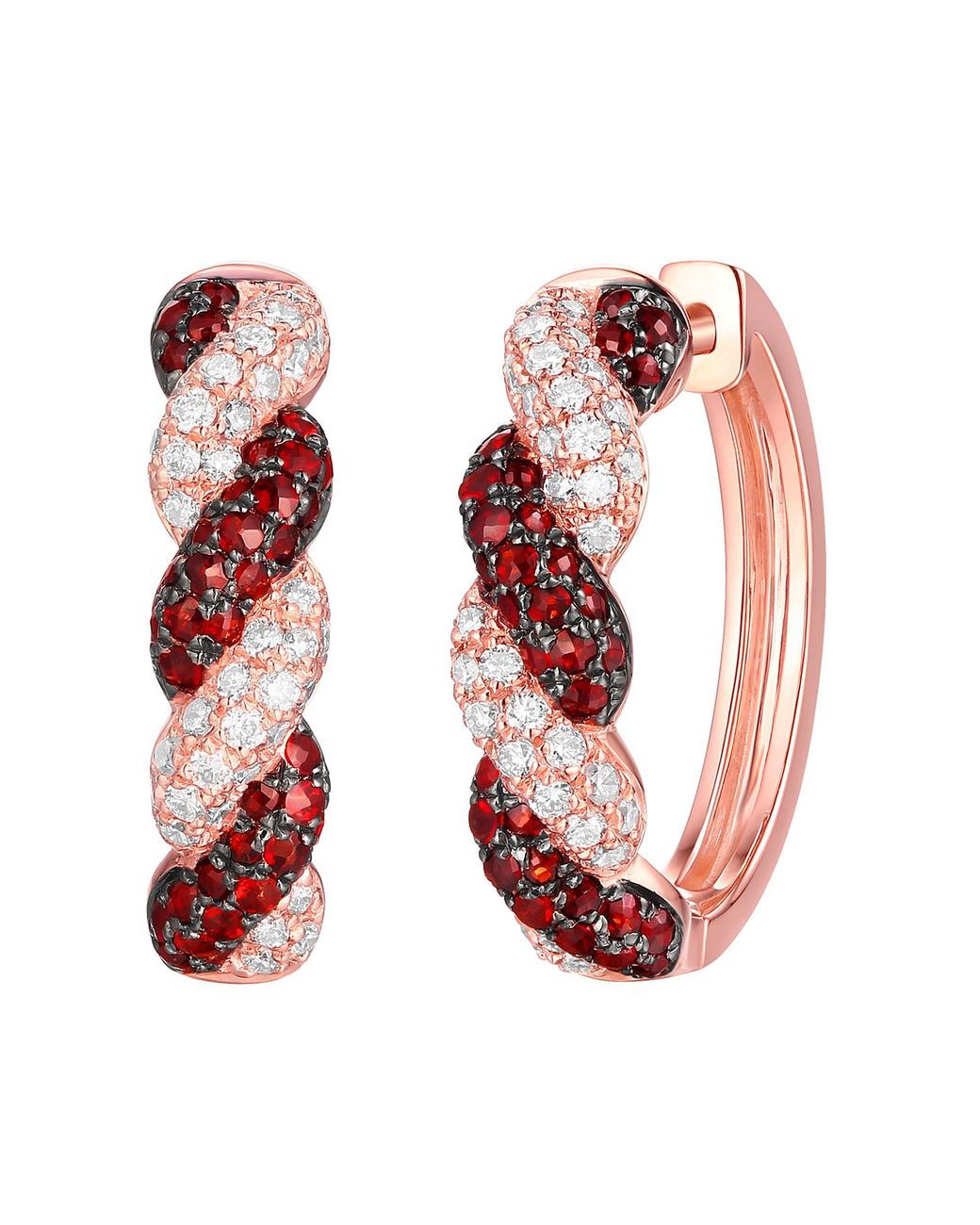 Artisan Red Rose 14K Rose Garnet & Diamond Twisted Hoop Earrings