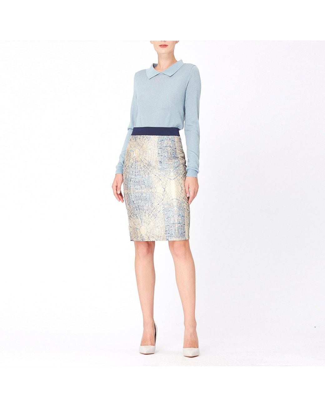 Smart and Joy Blue Bi-Material Brocade Short Skirt