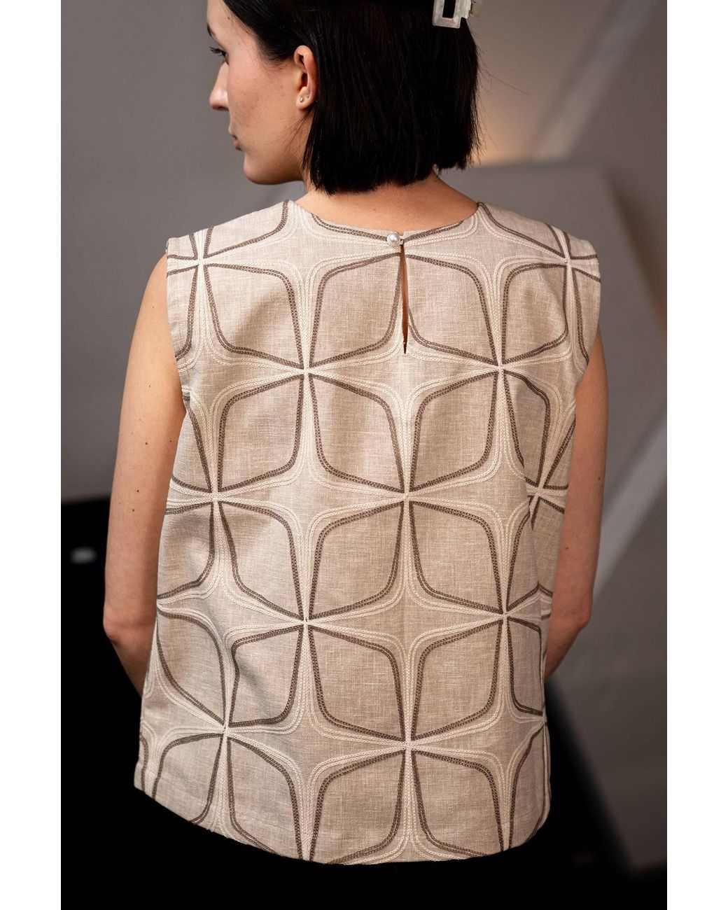 Stovaria Natural Neutrals Embroidered Linen Structured Sleeveless Statement Top
