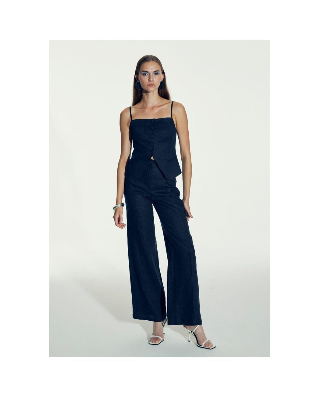 NAZLI CEREN Blue Marona Linen Top