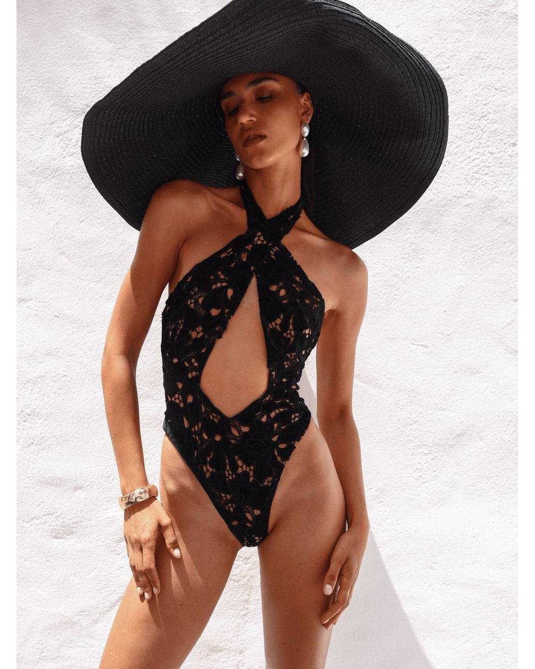 Miss Circle New York Black Breanna Velvet Lace Crossover Halter Swimsuit
