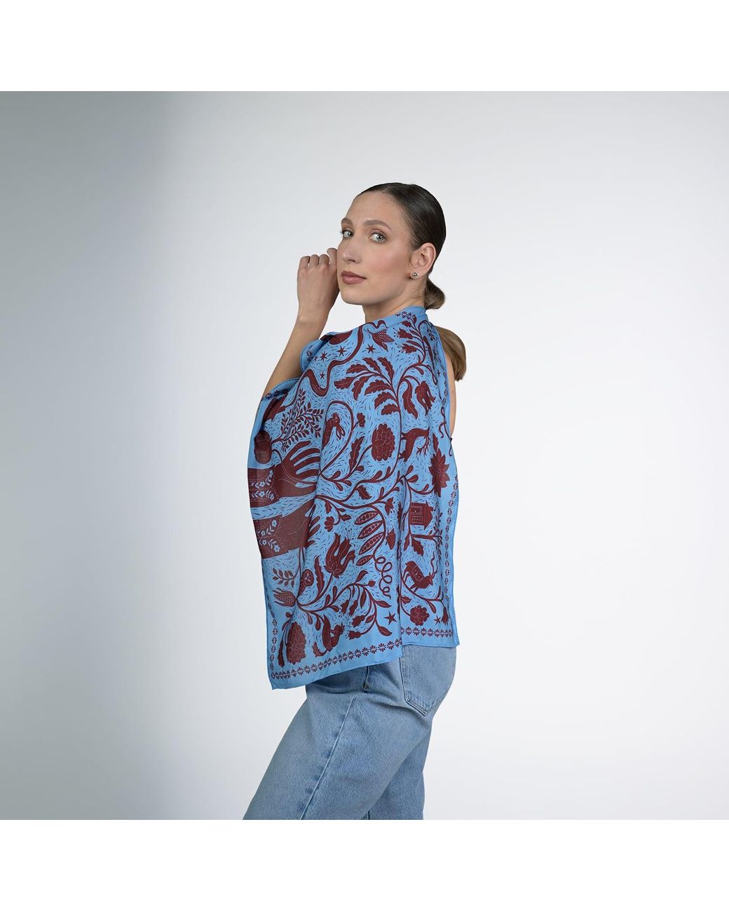 Silk&Soul Blue Folk Motif Silk Scarf