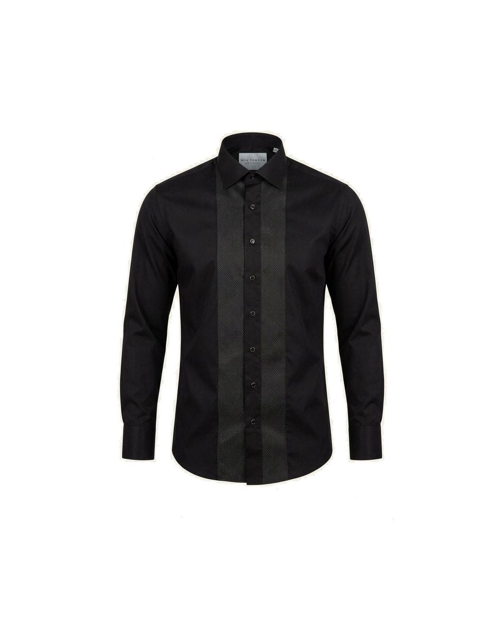 Ron Tomson Black Lurex Paneled Spread Collar Tux Shirt for men