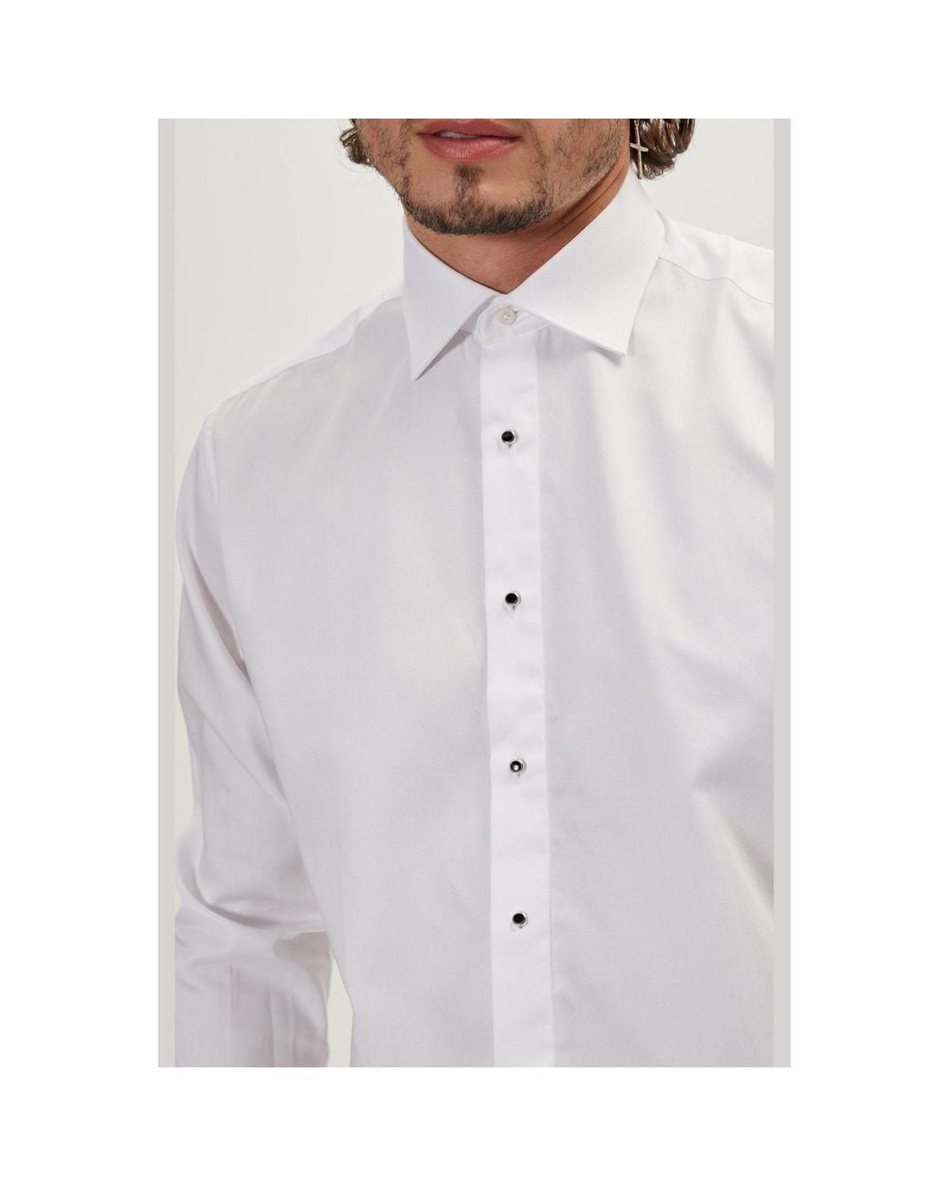 Ron Tomson White Pure Cotton Classic Collar Stud Button French Cuff Tuxedo Shirt for men