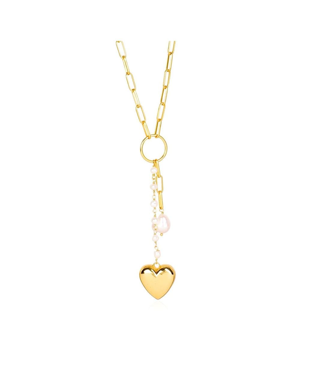 Lila Rasa Metallic Paperclip Pearl & Heart Drop Necklace