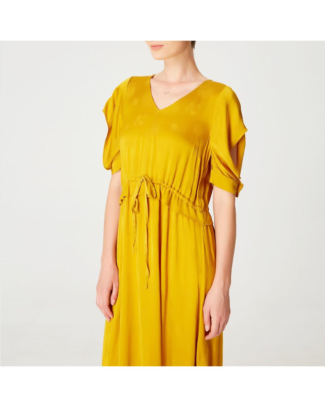 Smart and Joy Yellow V-Neckline Midi Dress With Drawstring Belt
