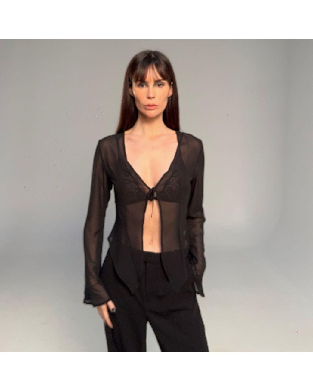 Amortizia Black Arsenic Blouse Sheer Flowy Long Sleeve Top