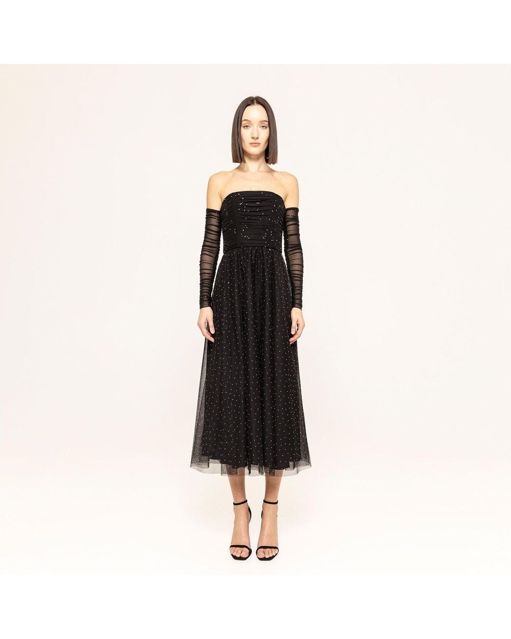 Nissa Black Rhinestone-Embellished Tulle Midi Dress