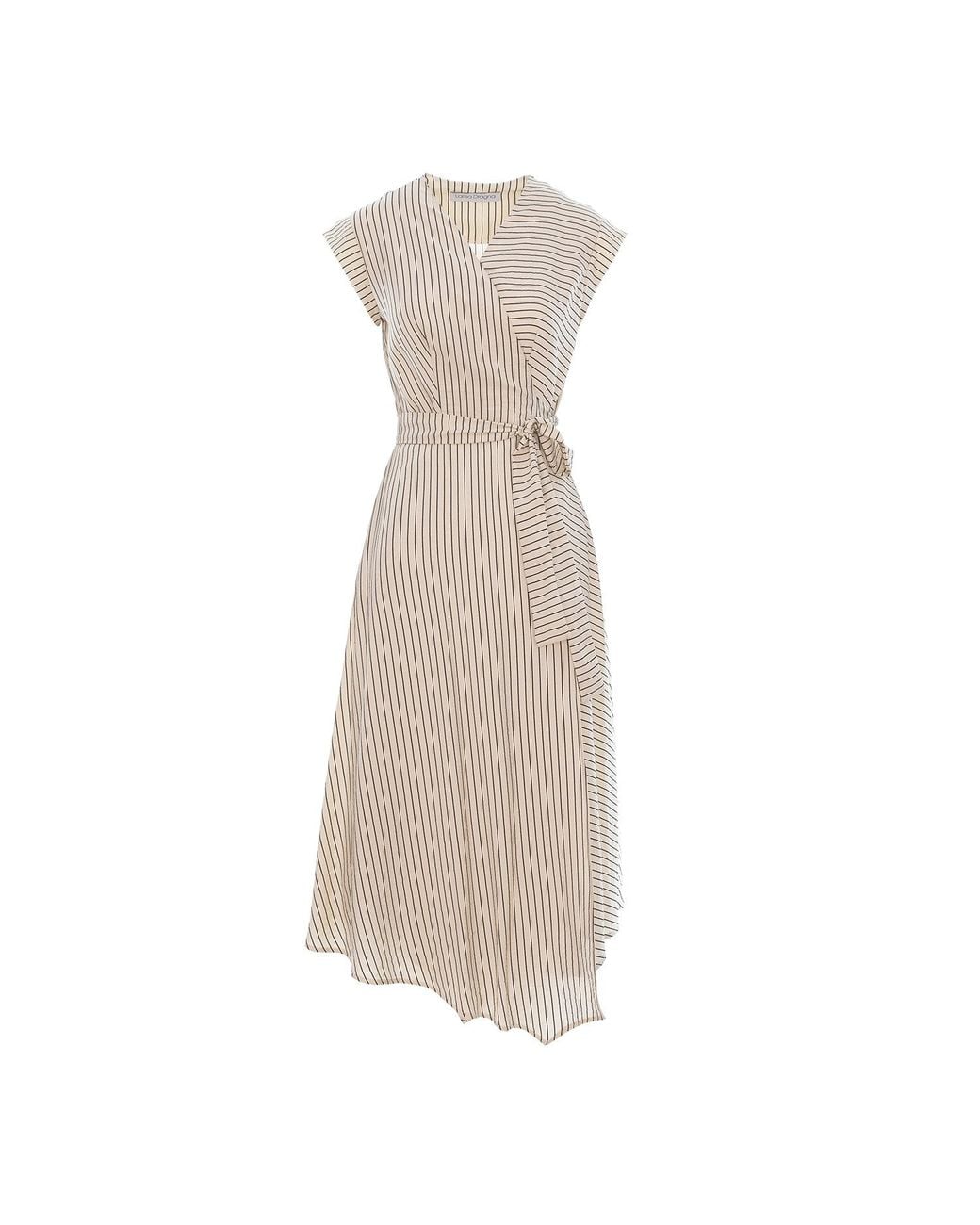 Larisa Dragna Natural Neutrals Striped Wrap Midi Dress – Retro Elegance