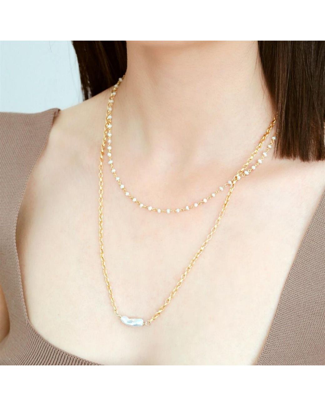 LINYA JEWELLERY Metallic Doby Double Chain Pearl Necklace