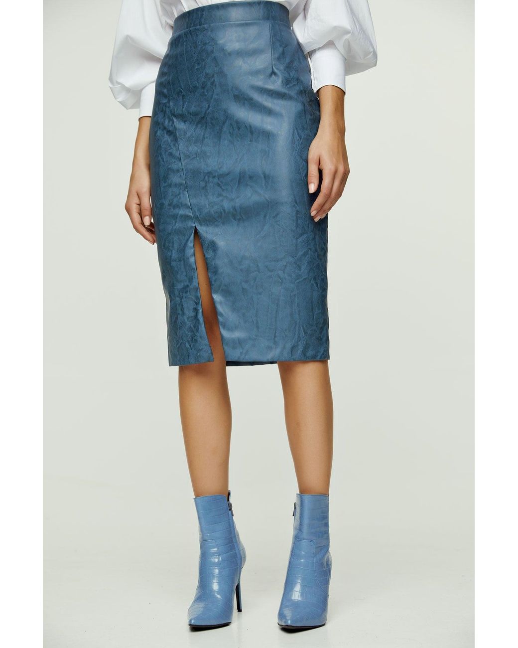 Conquista Blue Faux Leather Pencil Skirt