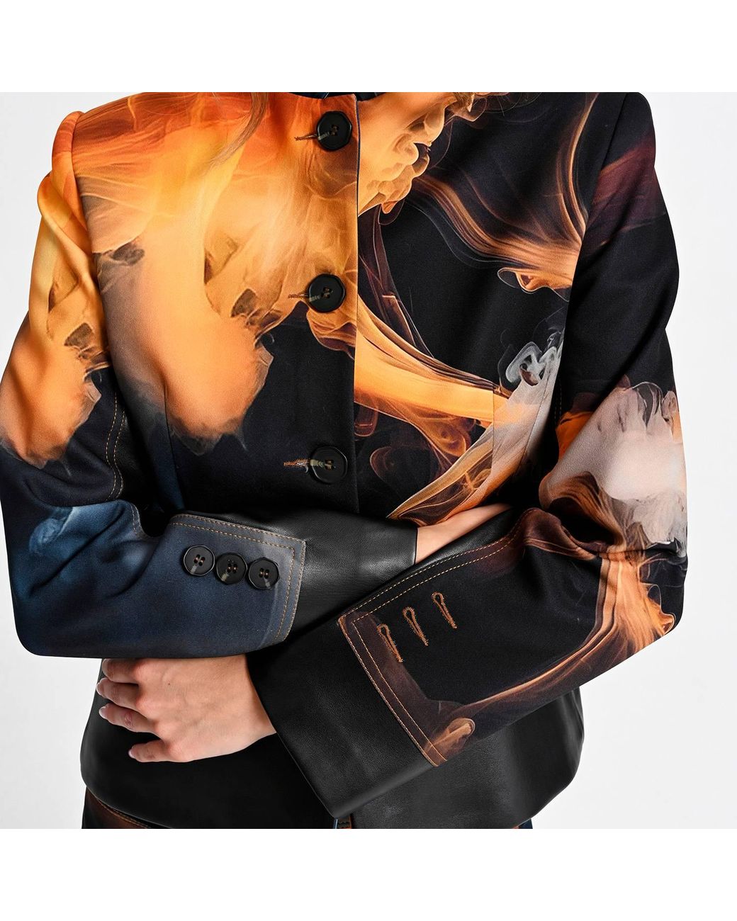 Lalipop Design Blue Cropped Jacket With Vegan Leather Trim And Digital Flame Print