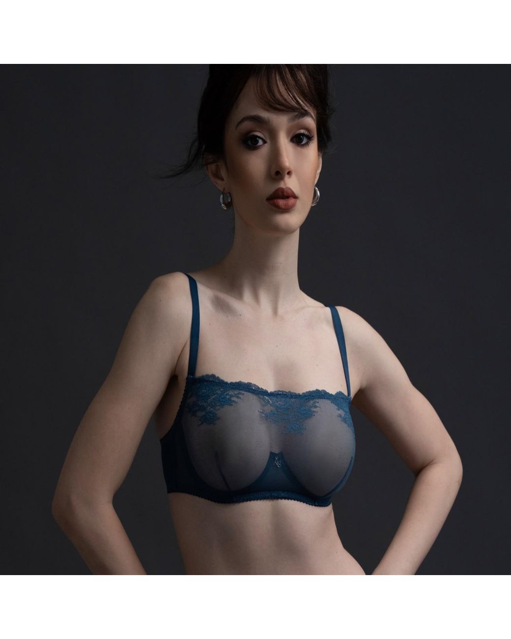 Amour D'agnette Blue Kim High Neck Sheer Lace Underwire Bra- Jeans