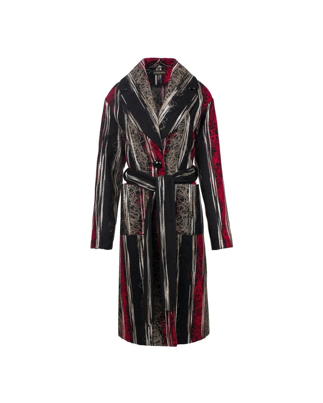 Conquista Black Multicoloured Long Wool Blend Jacquard Style Coat With Belt