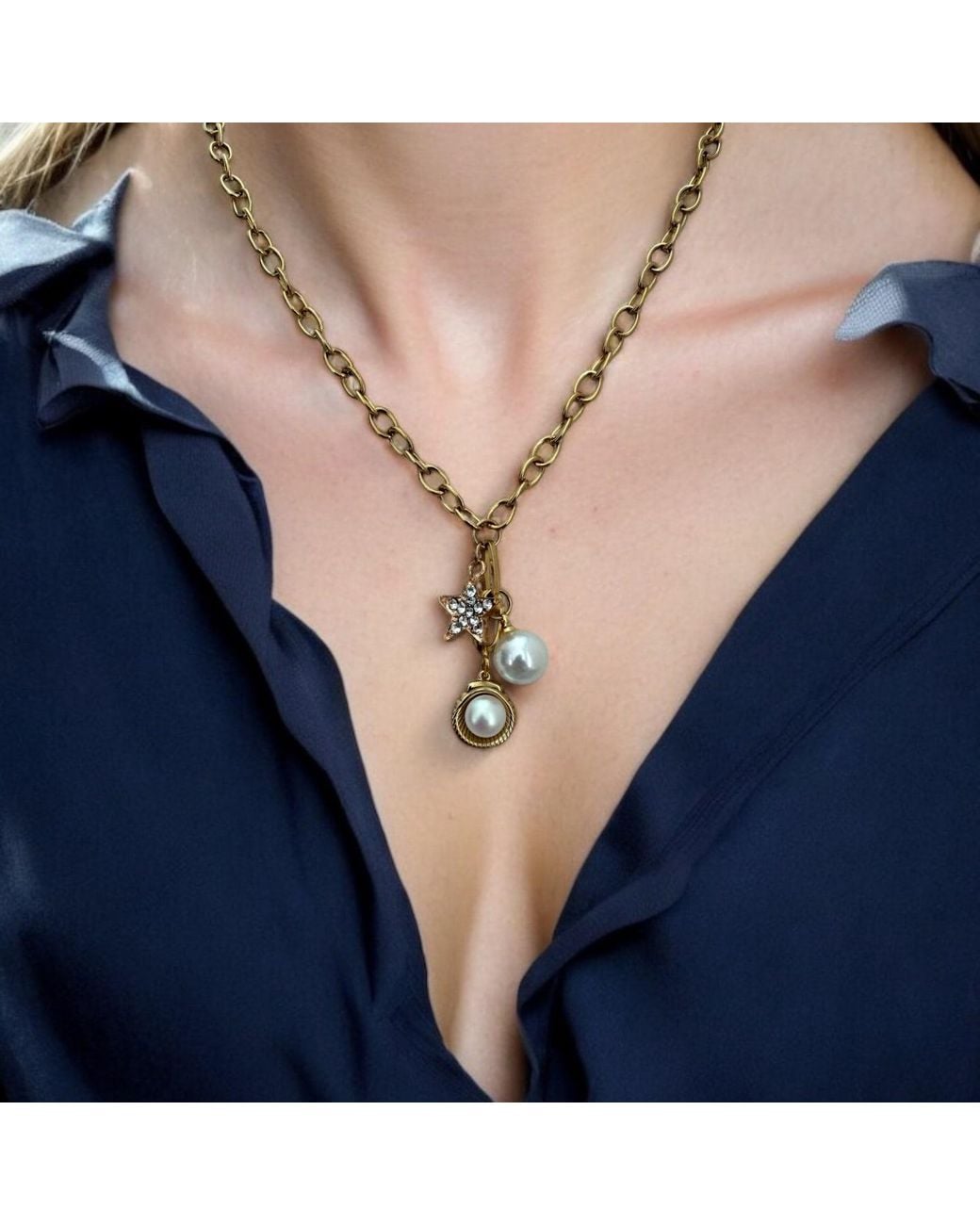 Vicky&Nico Metallic Rose Rose Star And Shell Pearl Pendant Necklace