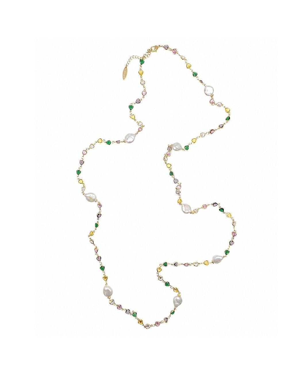 Farra White Colorful Heart Zircon Chain With Baroque Pearls Long Station Necklace