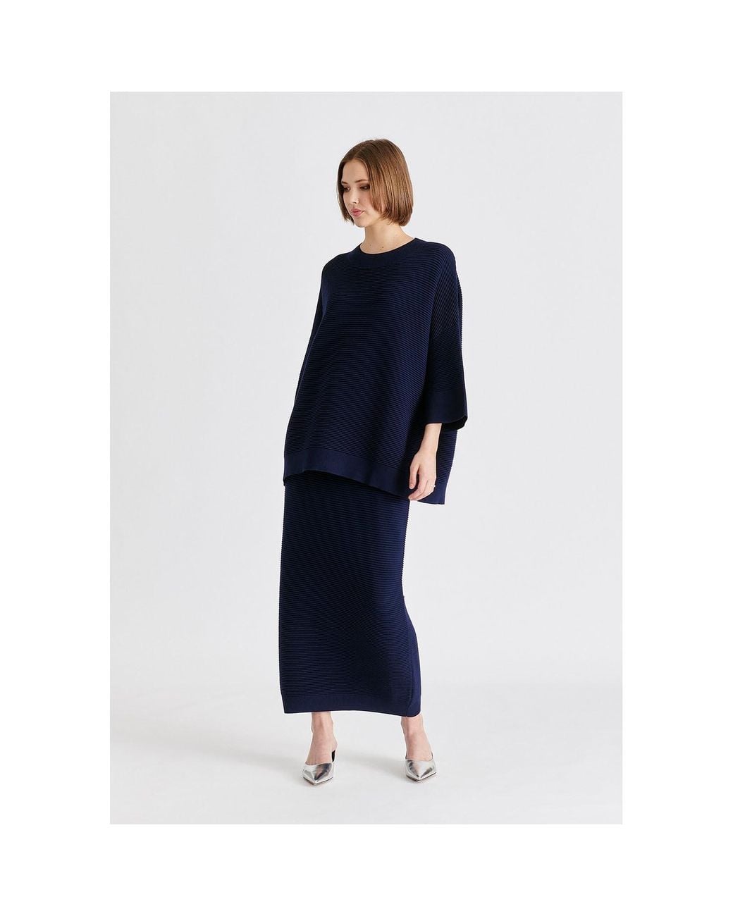 Paisie Blue Ribbed Midi Skirt