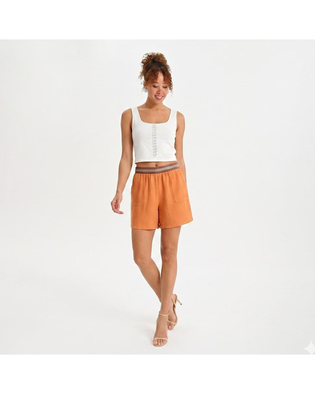 Lalipop Design Orange Terracotta Muslin Textured Waistband Relaxed Shorts