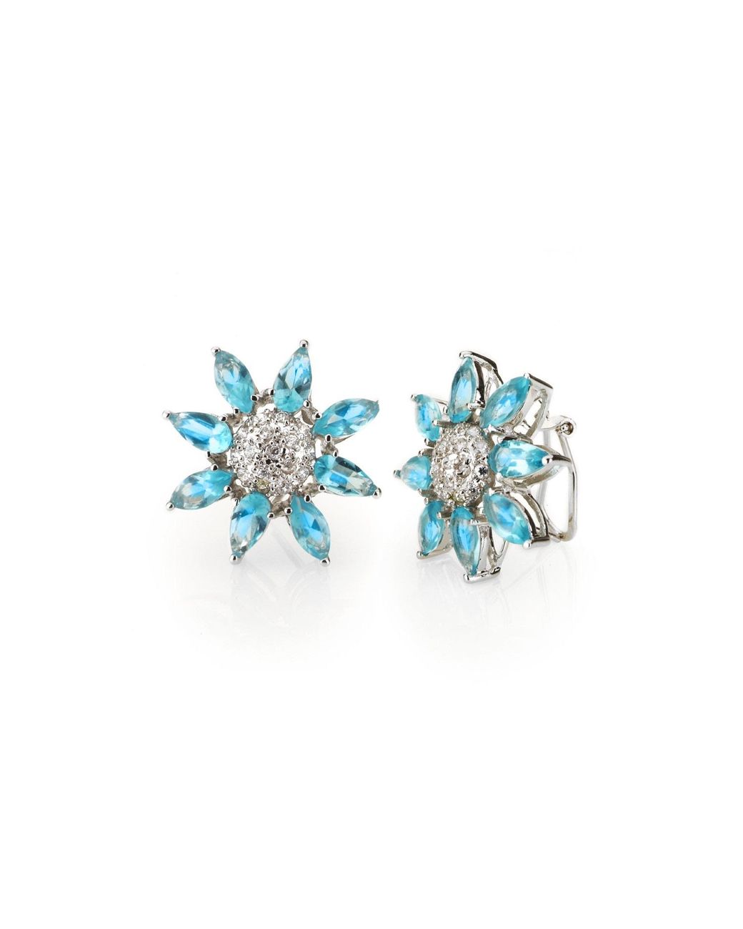 Genevive Jewelry Blue Cubic Zirconia Sterling Rhodium Plated Topaz Flower Shape Earrings