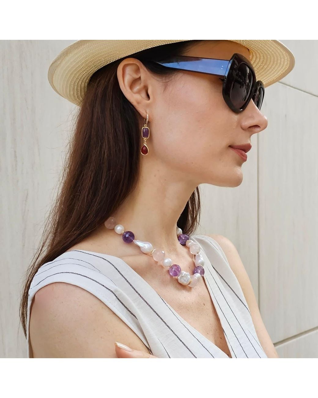 Farra Multicolor Baroque Pearls With Rose Quartz And Amethyst Necklace