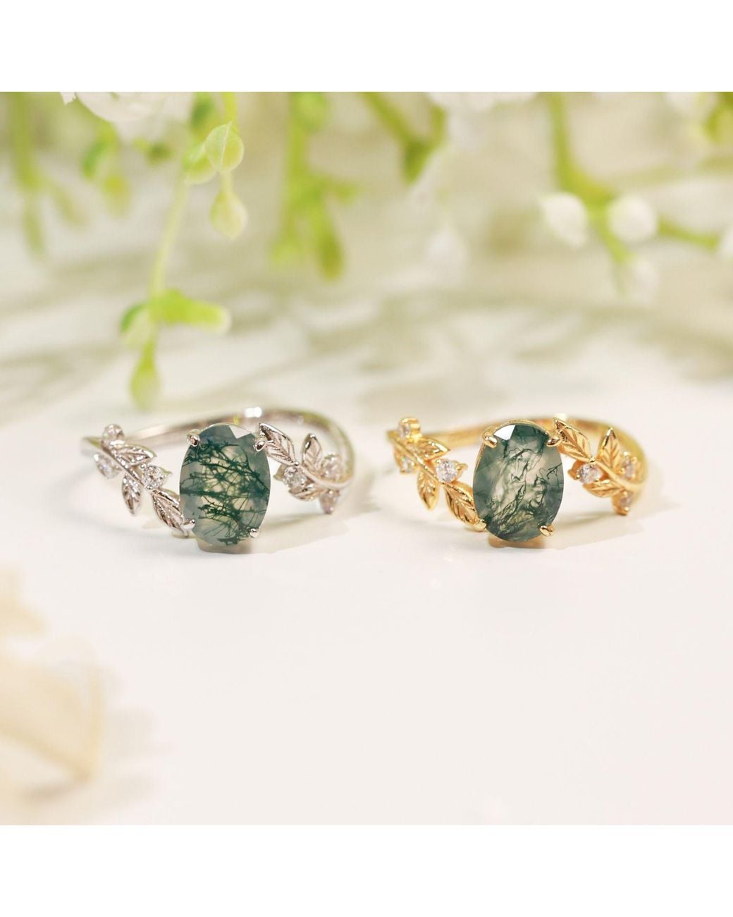 Azura Jewelry New York Metallic Between The Leaf Oval Moss Agate Ring Vermeil