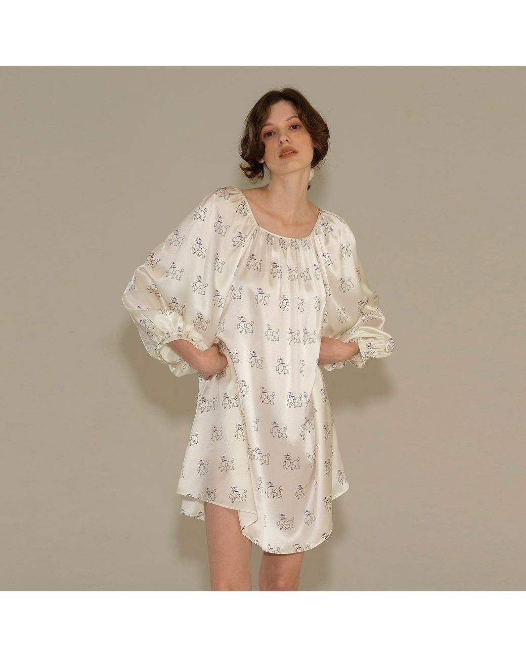 NOT JUST PAJAMA White Diamond Poodles Silk Puff Sleeve Dress