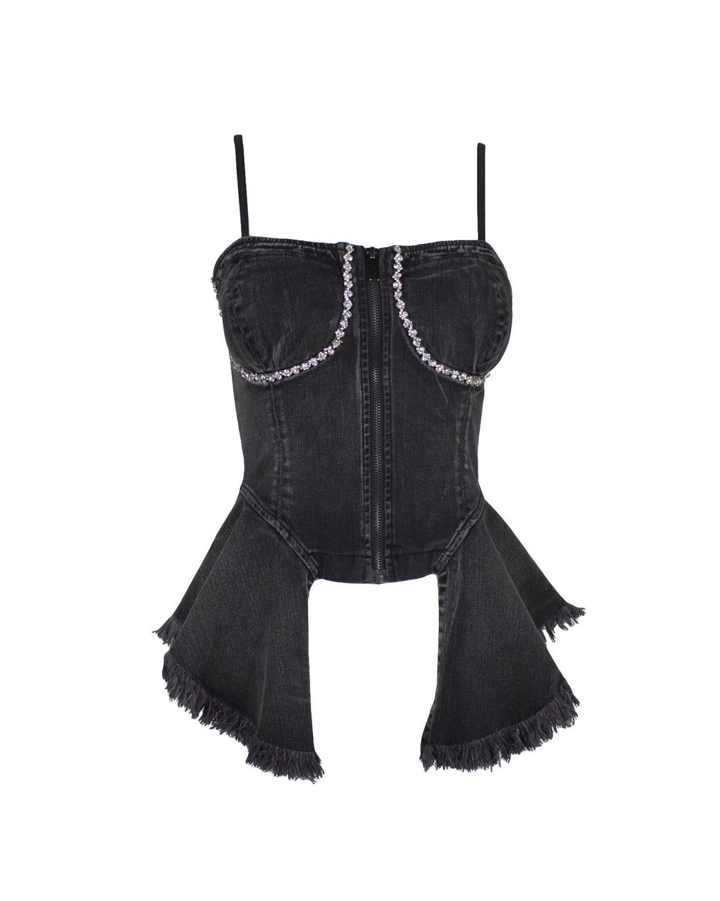 Lalipop Design Black Hand Stitched Crystal Embellished Denim Corset Top With Ruffles