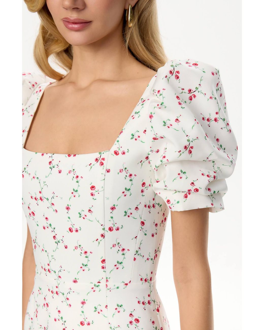 POST MERIDIEM White Raspberries Godet Silhouette Square Neck Midi Dress
