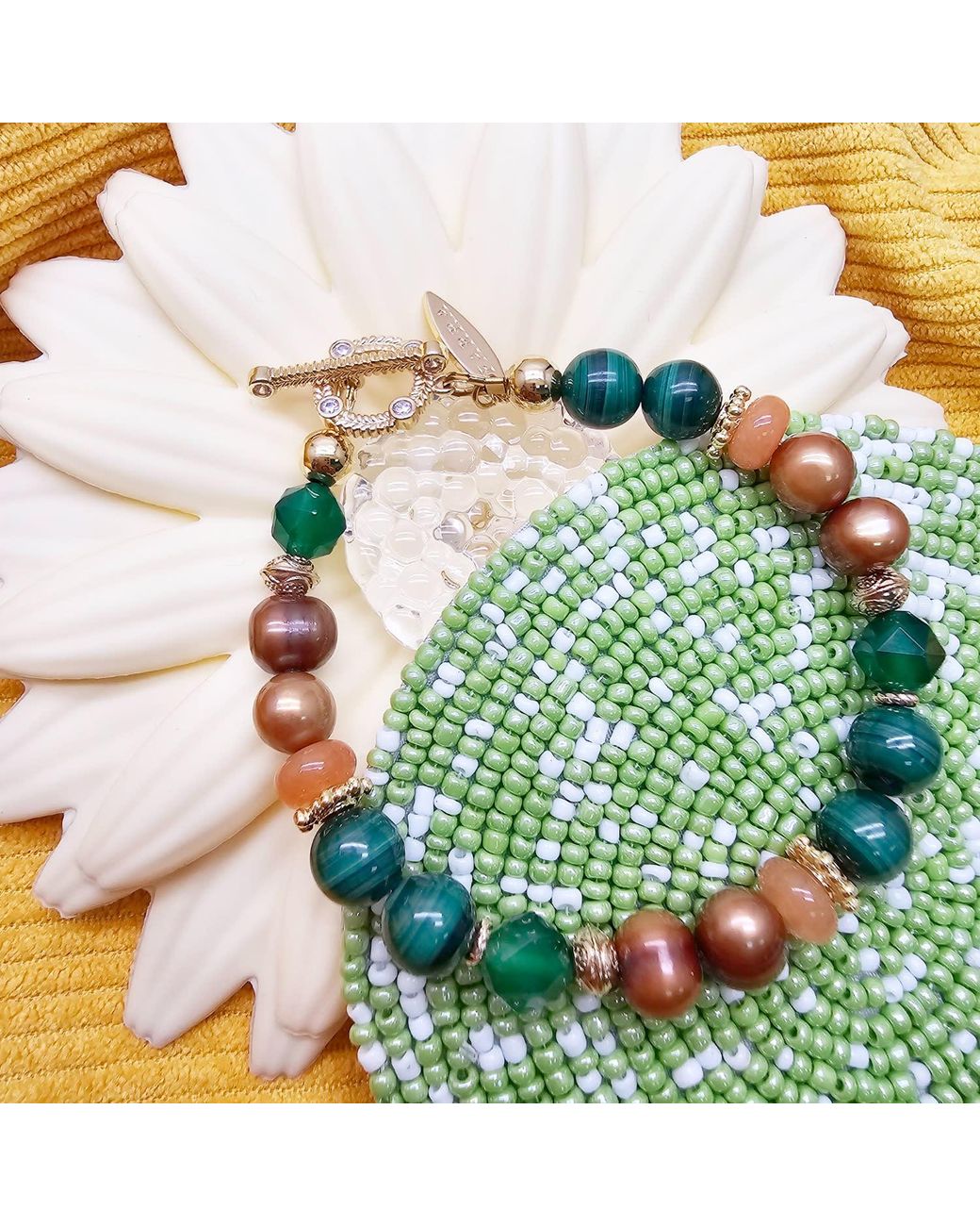 Farra Green Vintage Style Malachite With Freshwater Pearl And Gemstone Bracelet