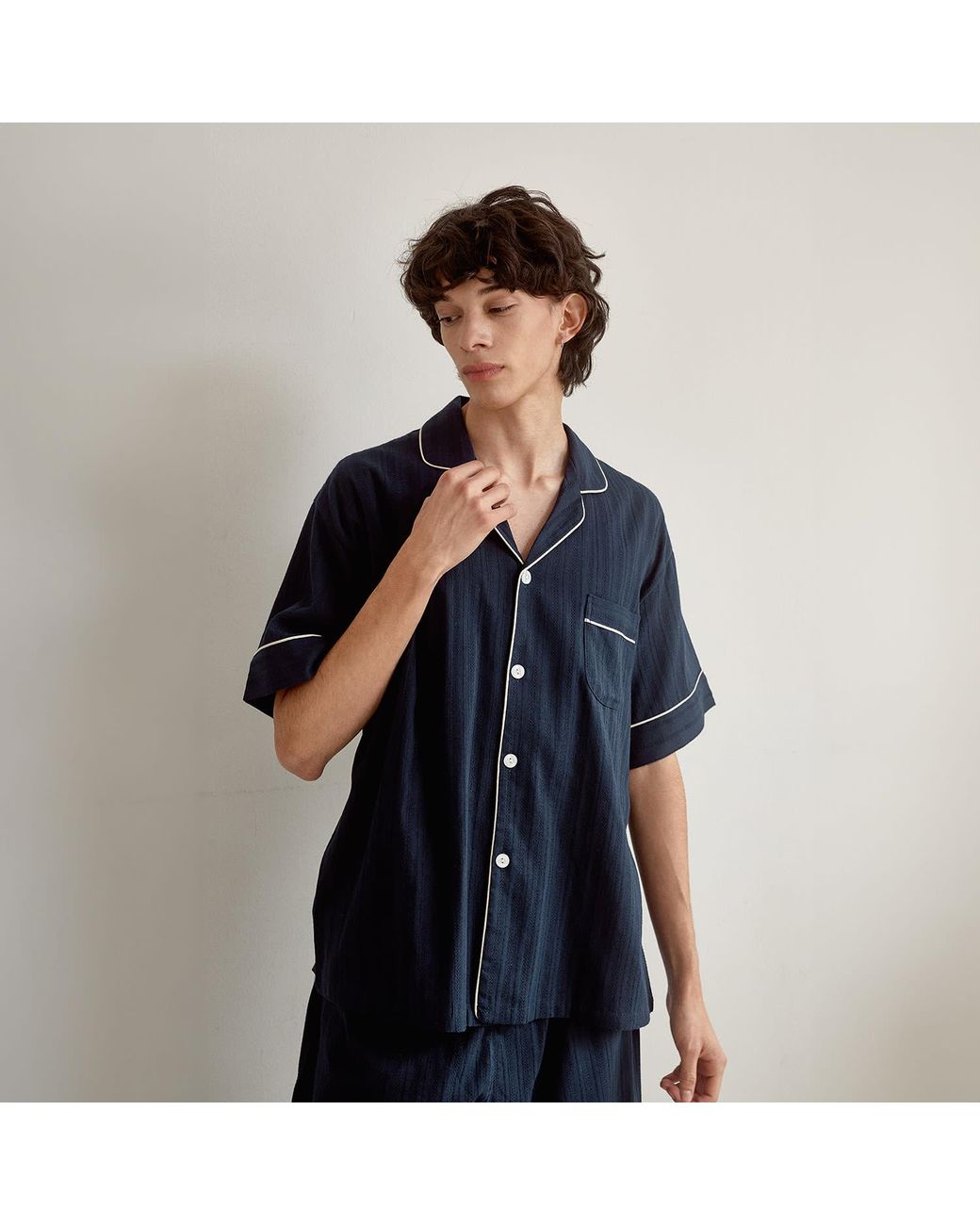 Luna Luz Blue Le Blanc Textured Cotton Short-Sleeve Pajama Set – for men