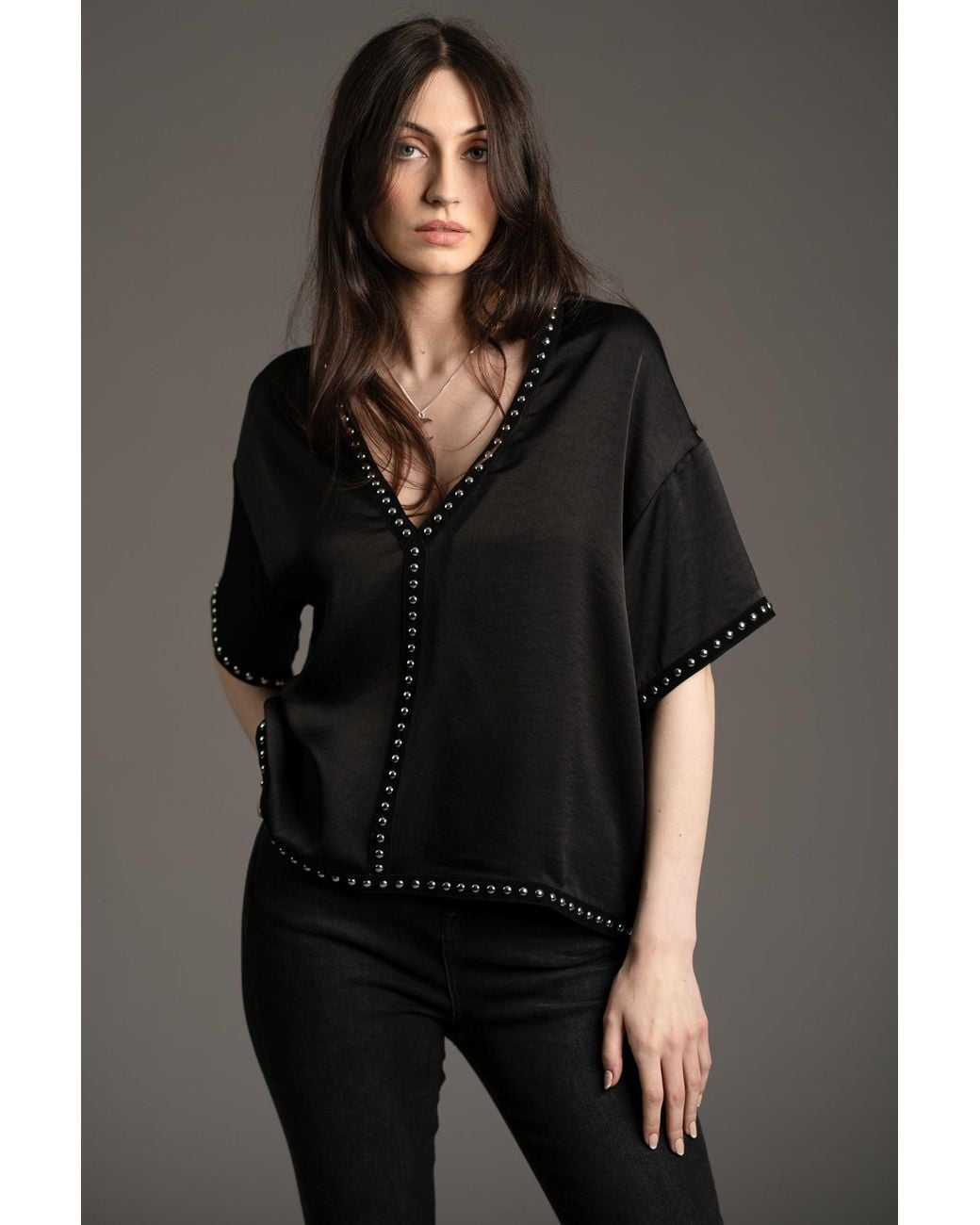 Little Lies Black Lita Studded Satin Tee